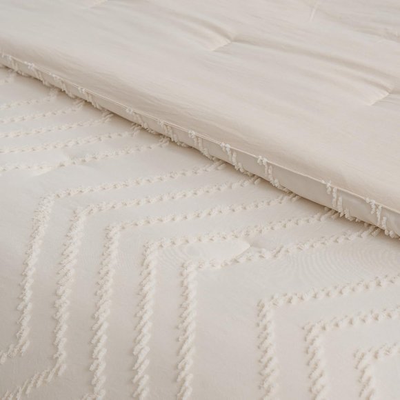 Chevron Tufted Cream Natural White Ivory Full Size Bed Zigzag 3 pc Comforter Set - Picture 8 of 12